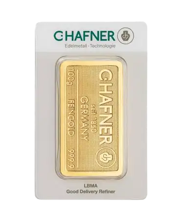 Vorderseite des 100-Gramm-Barrens aus reinem 24K-Gold von C. HAFNER, erhältlich bei VIRTU LUXURY