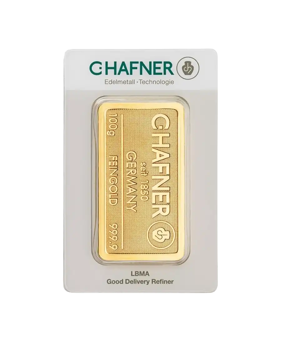 Vorderseite des 100-Gramm-Barrens aus reinem 24K-Gold von C. HAFNER, erhältlich bei VIRTU LUXURY
