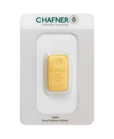 Vorderseite des gegossenen 250-Gramm-Barrens aus gegossenem 24K Feingold von C. HAFNER, im Verkauf erhältlich bei VIRTU LUXURY