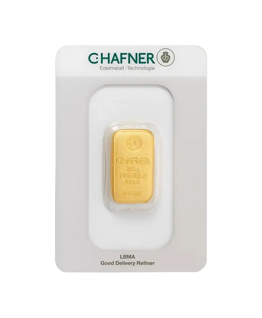 Vorderseite des gegossenen 250-Gramm-Barrens aus gegossenem 24K Feingold von C. HAFNER, im Verkauf erhältlich bei VIRTU LUXURY Vorderseite des gegossenen 250-Gramm-Barrens aus gegossenem 24K Feingold von C. HAFNER, im Verkauf erhältlich bei VIRTU LUXURY