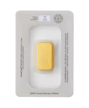 Rückseite des gegossenen 250-Gramm-Barrens aus recyceltem und gegossenem 24K Feingold von C. HAFNER, im Verkauf erhältlich bei VIRTU LUXURY
