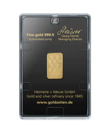 arrière du lingotin Cinq Grammes de HEIMERLE + MEULE d'or pur 24K en vente disponible chez VIRTU LUXURY