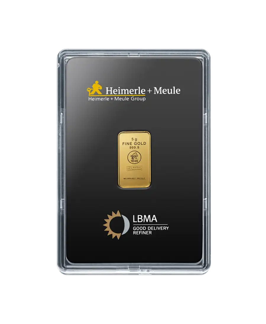 Vorderseite des 5 Gramm HEIMERLE UND MEULE Feingoldbarrens aus 24K purem Gold zum Verkauf verfügbar bei VIRTU LUXURY