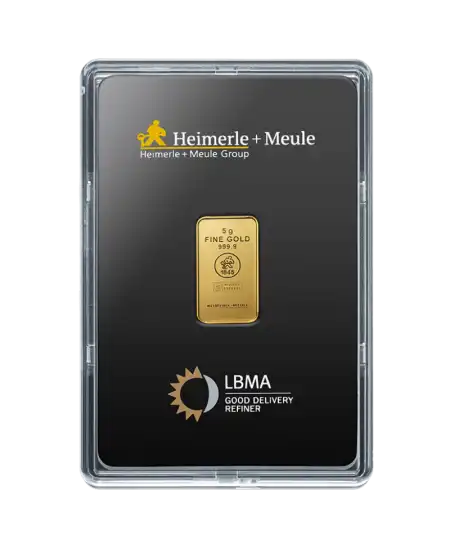 Vorderseite des 5 Gramm HEIMERLE UND MEULE Feingoldbarrens aus 24K purem Gold zum Verkauf verfügbar bei VIRTU LUXURY