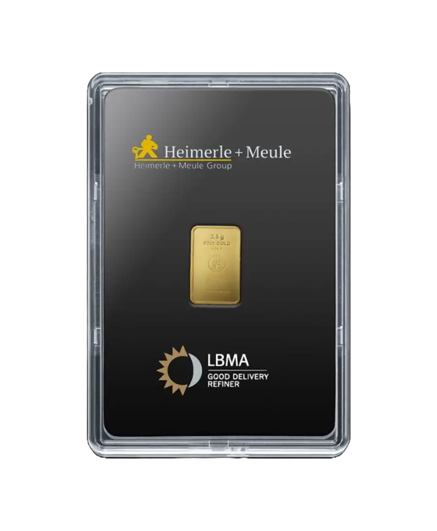 Vorderseite des 2,5-Gramm-Barren HEIMERLE UND MEULE aus recyceltem reinem 24K-Gold im Verkauf erhältlich bei VIRTU LUXURY Vorderseite des 2,5-Gramm-Barren HEIMERLE UND MEULE aus recyceltem reinem 24K-Gold im Verkauf erhältlich bei VIRTU LUXURY