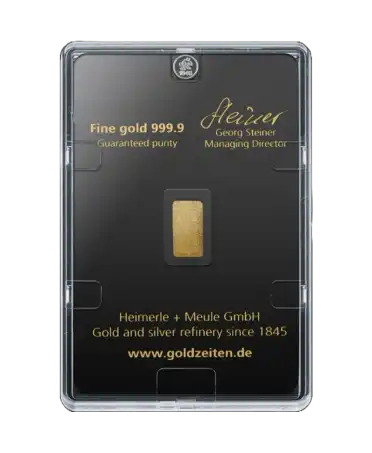 Rückseite des 2,5-Gramm-Barren HEIMERLE + MEULE aus recyceltem reinem 24K-Gold im Verkauf erhältlich bei VIRTU LUXURY