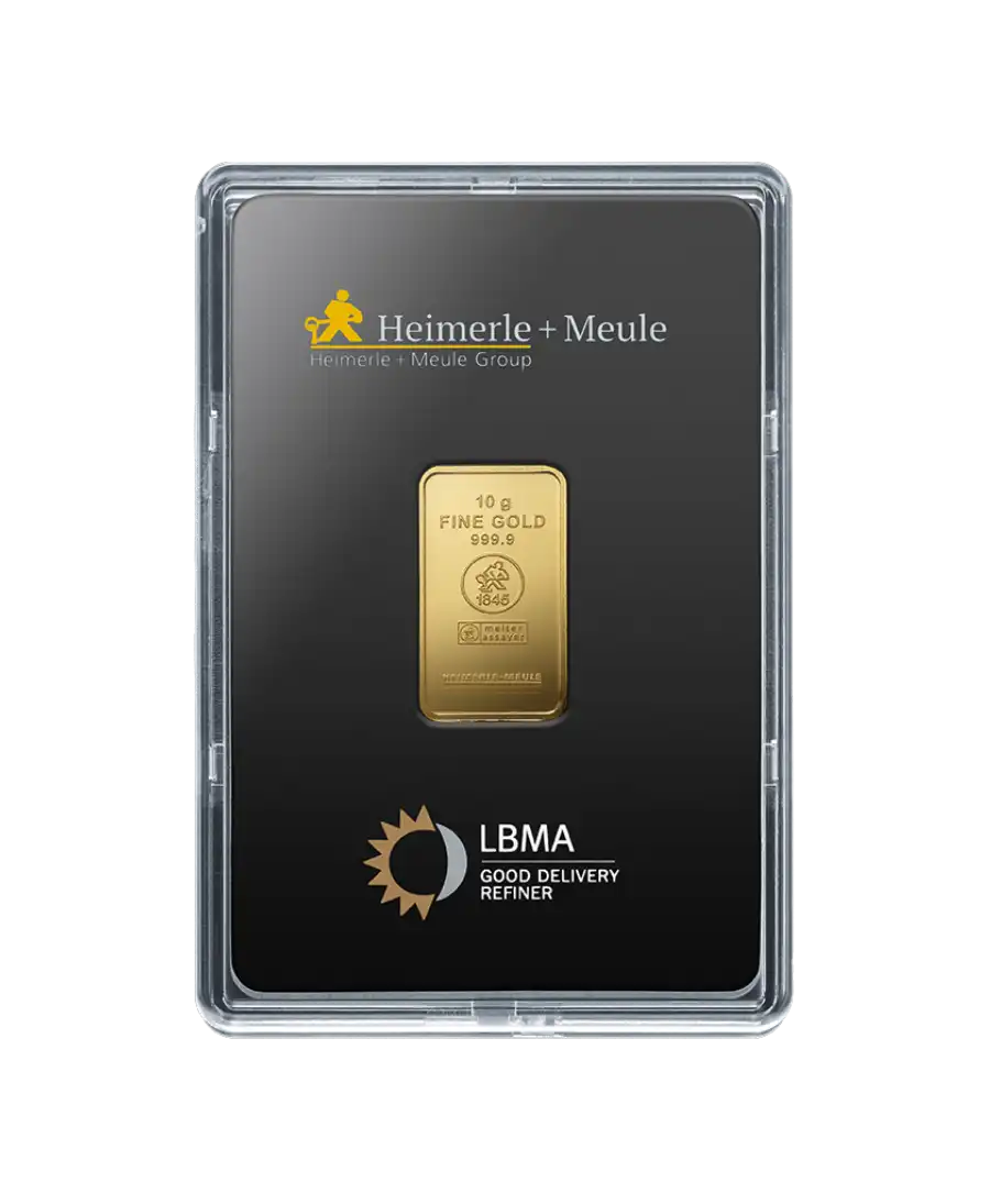Vorderseite des geprägten 10-Gramm-Barrens aus 24K Feingold von HEIMERLE + MEULE, erhältlich bei VIRTU LUXURY Vorderseite des geprägten 10-Gramm-Barrens aus 24K Feingold von HEIMERLE + MEULE, erhältlich bei VIRTU LUXURY