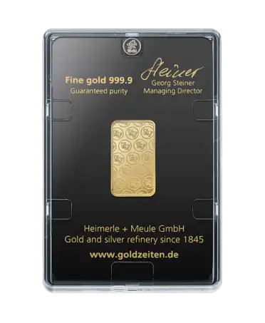 Rückseite des 10-Gramm-Barrens aus 24K Feingold von HEIMERLE + MEULE, erhältlich bei VIRTU LUXURY