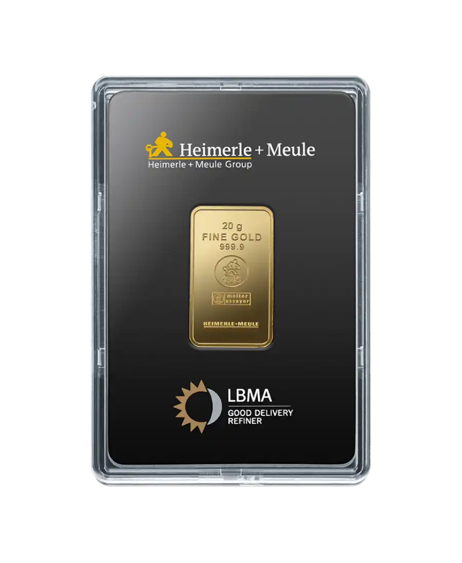 Vorderseite des 20-Gramm-Barrens von HEIMERLE + MEULE aus 24K Feingold, zum Verkauf verfügbar bei VIRTU LUXURY