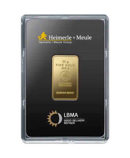 Vorderseite des 20-Gramm-Barrens von HEIMERLE + MEULE aus 24K Feingold, zum Verkauf verfügbar bei VIRTU LUXURY