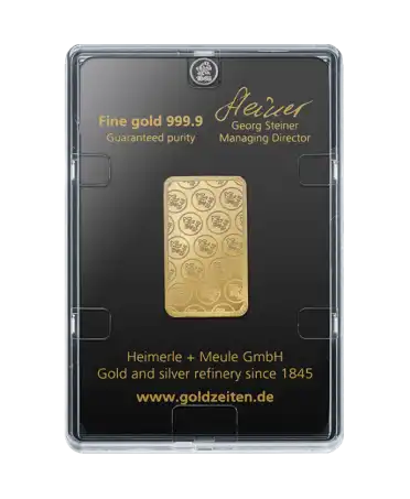 arrière du lingotin 20 Grammes de HEIMERLE + MEULE d'or recyclé pur 24K en vente disponible chez VIRTU LUXURY