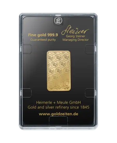 arrière du lingotin 20 Grammes de HEIMERLE + MEULE d'or recyclé pur 24K en vente disponible chez VIRTU LUXURY