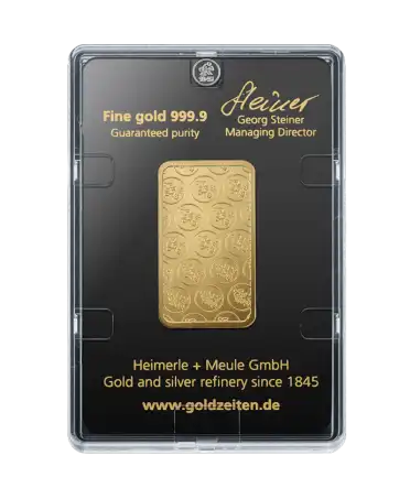 Rückseite des Barrens eine Unze HEIMERLE + MEULE reines 24K Gold recycelt zum Verkauf erhältlich bei VIRTU LUXURY