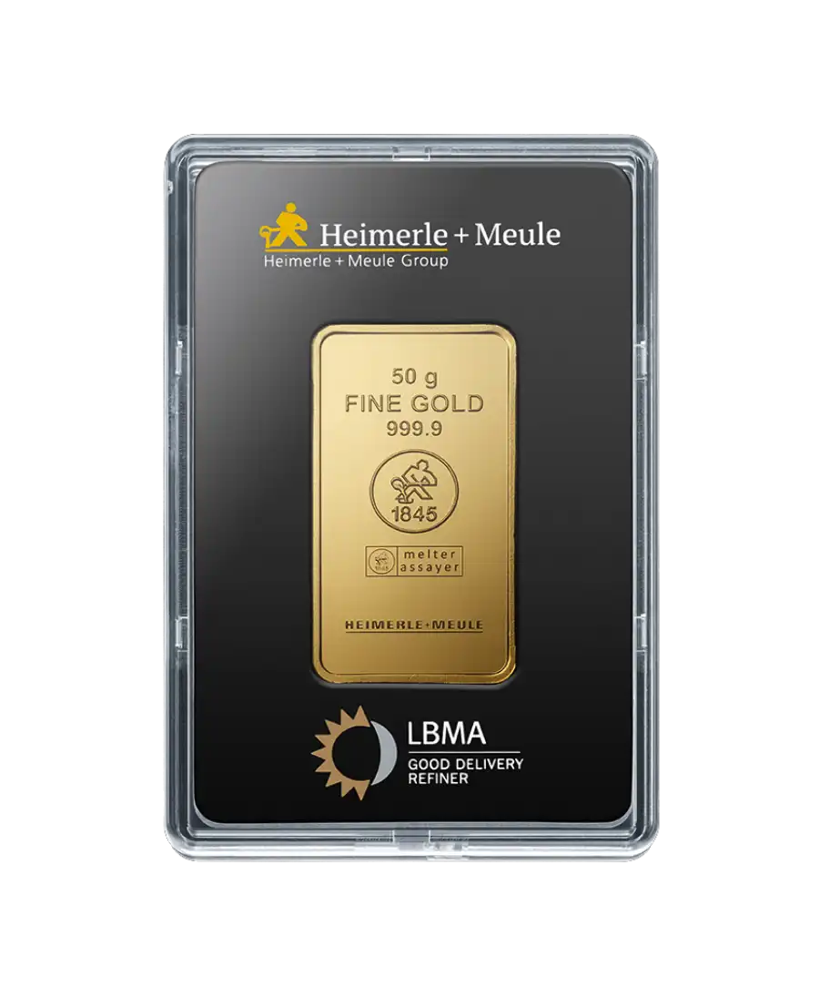Vorderseite des 50-Gramm-Goldbarren aus reinem 24K-Gold von HEIMERLE + MEULE, zum Verkauf erhältlich bei VIRTU LUXURY Vorderseite des 50-Gramm-Goldbarren aus reinem 24K-Gold von HEIMERLE + MEULE, zum Verkauf erhältlich bei VIRTU LUXURY