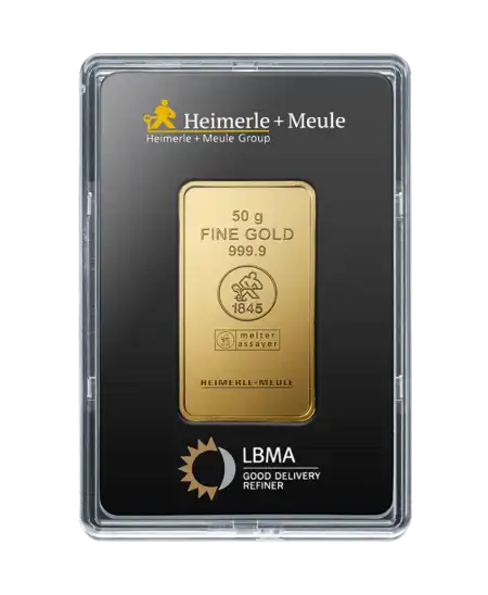 Vorderseite des 50-Gramm-Goldbarren aus reinem 24K-Gold von HEIMERLE + MEULE, zum Verkauf erhältlich bei VIRTU LUXURY