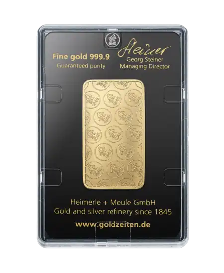 Rückseite des 50-Gramm-Barrens aus reinem 24K recyceltem Gold von HEIMERLE + MEULE, erhältlich bei VIRTU LUXURY