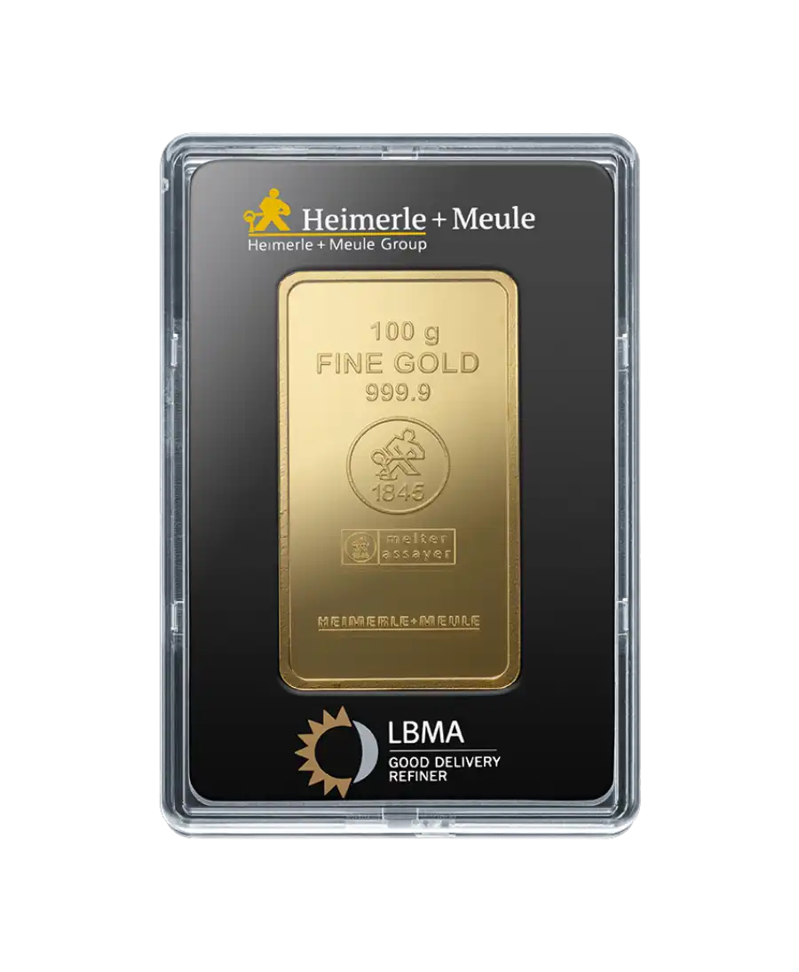 Vorderseite des 100-Gramm-Goldbarrens von HEIMERLE + MEULE aus recyceltem 24K-Feingold, erhältlich bei VIRTU LUXURY