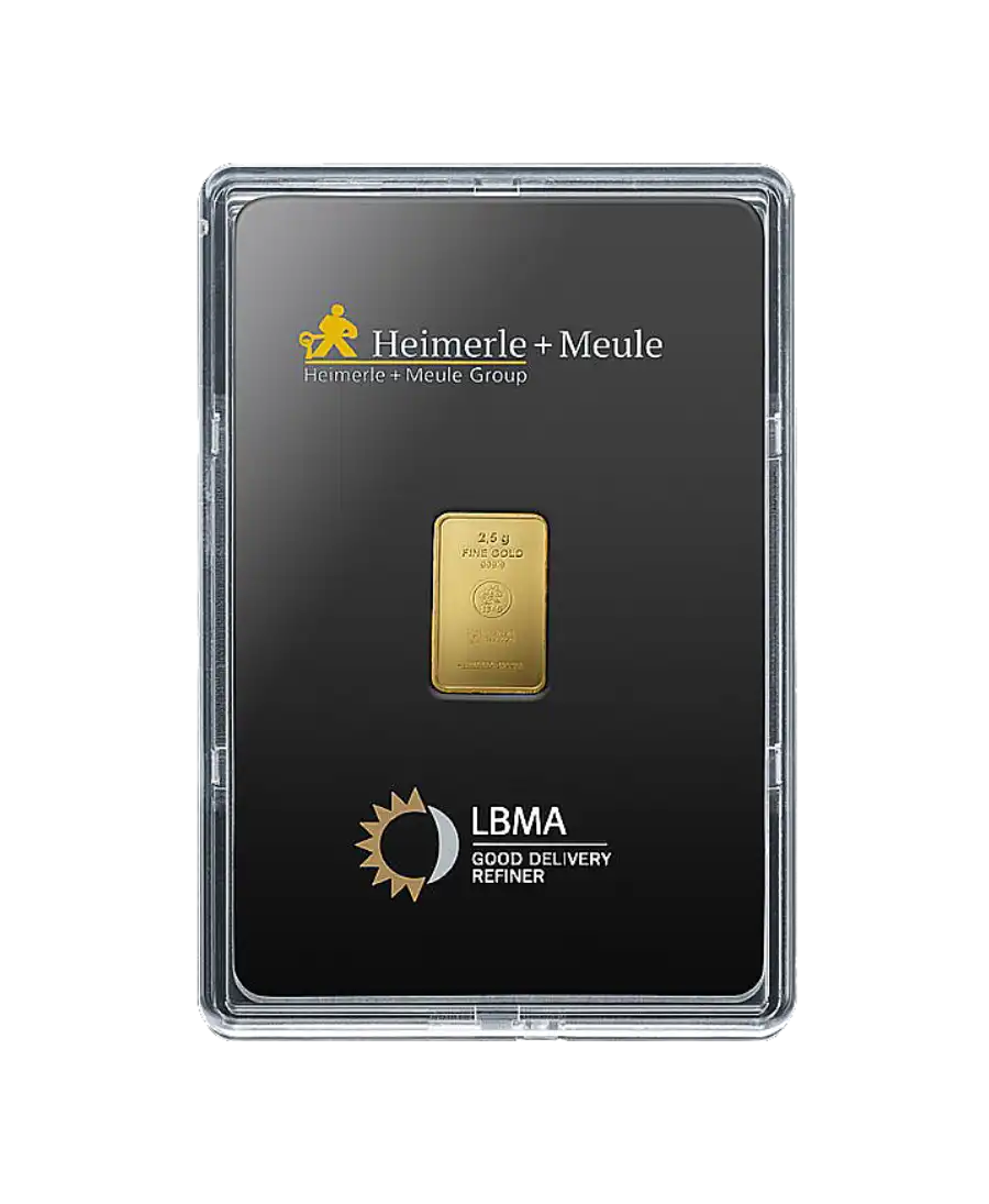 Vorderseite des 1 Gramm HEIMERLE + MEULE Barrens aus recyceltem 24K Feingold zum Verkauf verfügbar bei VIRTU LUXURY Vorderseite des 1 Gramm HEIMERLE + MEULE Barrens aus recyceltem 24K Feingold zum Verkauf verfügbar bei VIRTU LUXURY
