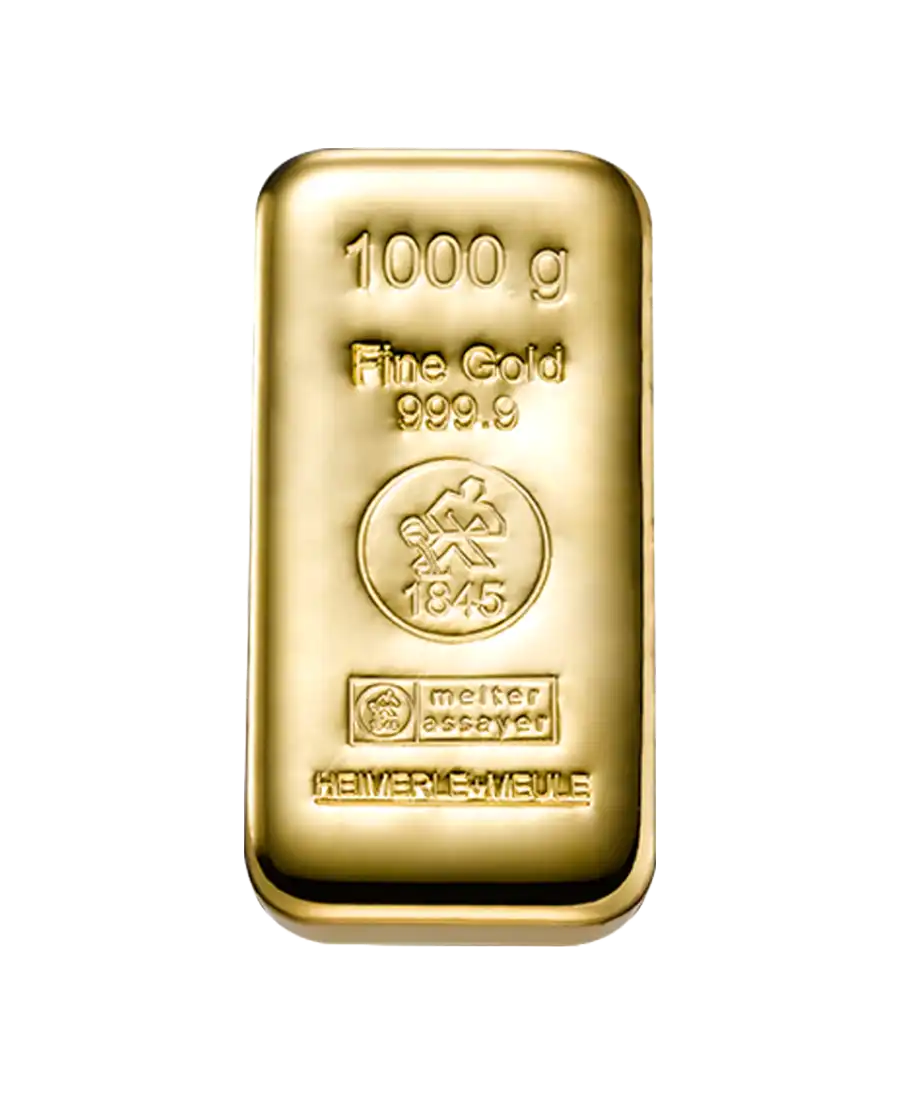 Gegossener 1 kg Goldbarren HEIMERLE UND MEULE aus recyceltem 24 Karat Feingold erhältlich bei VIRTU LUXURY