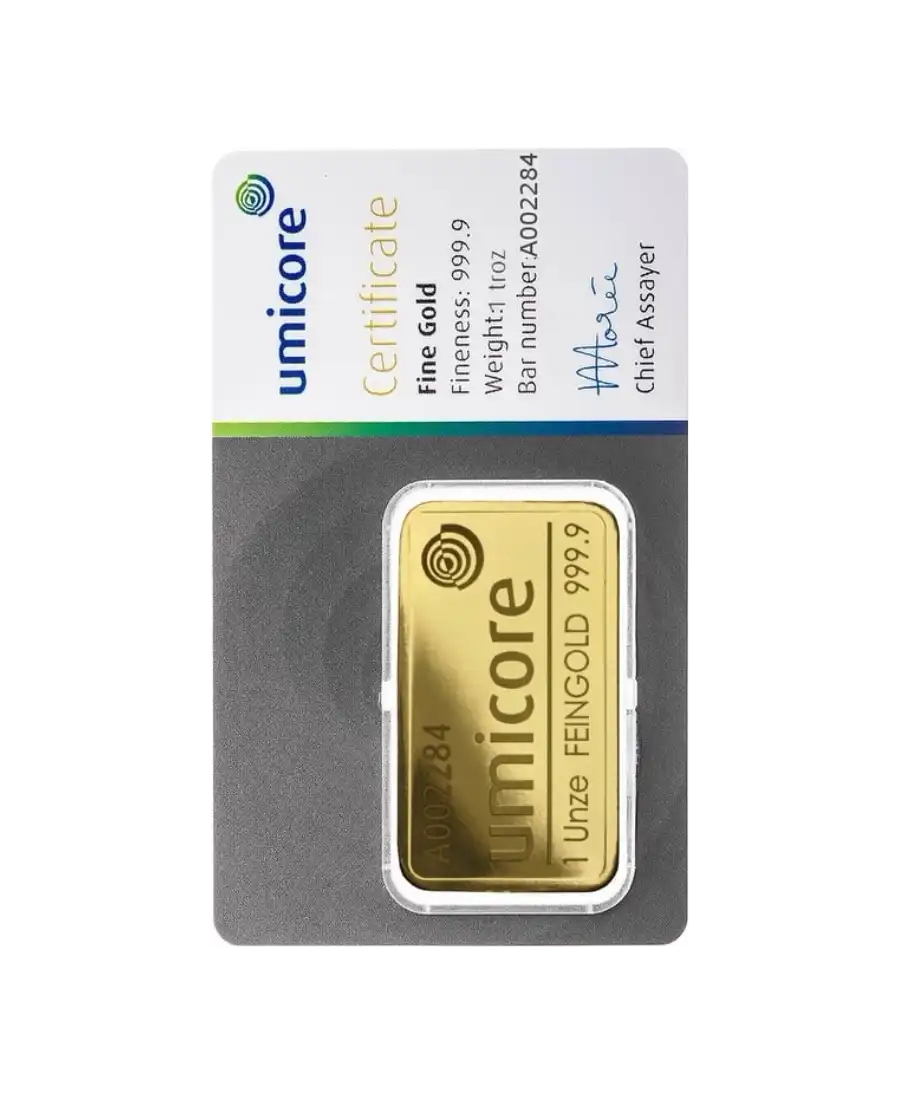 Vorderseite des geprägten Barrens zu einer Unze von UMICORE aus recyceltem 24K-Reingold, im Verkauf erhältlich bei VIRTU LUXURY