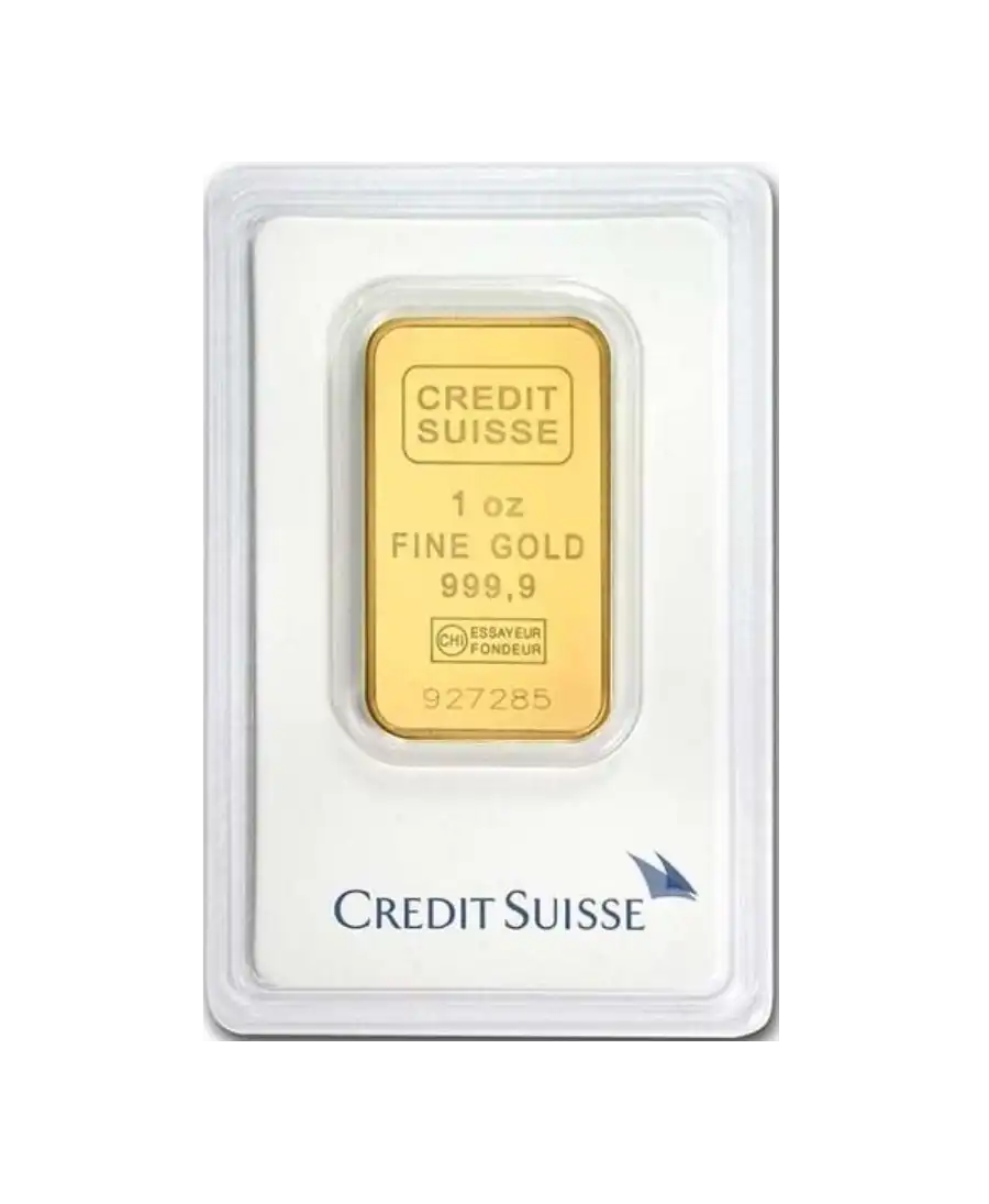 Vorderseite des geprägten 1-Unzen-Gussbarrens aus recyceltem 24K-Feingold der Credit Suisse, im Verkauf erhältlich bei VIRTU LUXURY