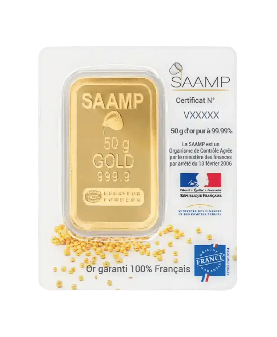 Vorderseite des 50-Gramm-Goldbarren aus reinem 24K-Gold von SAAMP, zum Verkauf erhältlich bei VIRTU LUXURY